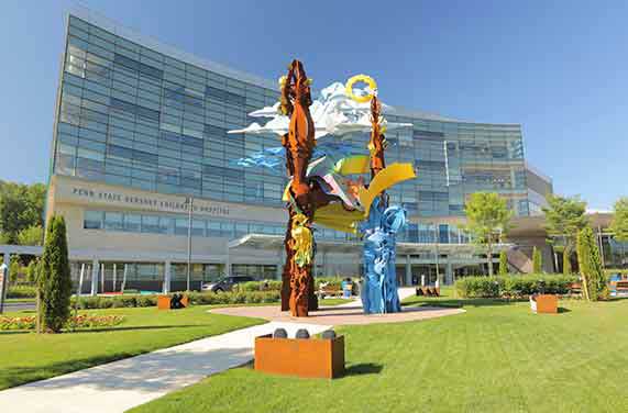 A large and colorful metal sculpture greets patients and visitors to Penn State Health Children’s Hospital