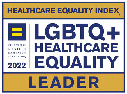 A graphic shows the Human Rights Campaign Healthcare Equality Index 2022 recognition as an LGBTQ+ Healthcare Equality Leader.