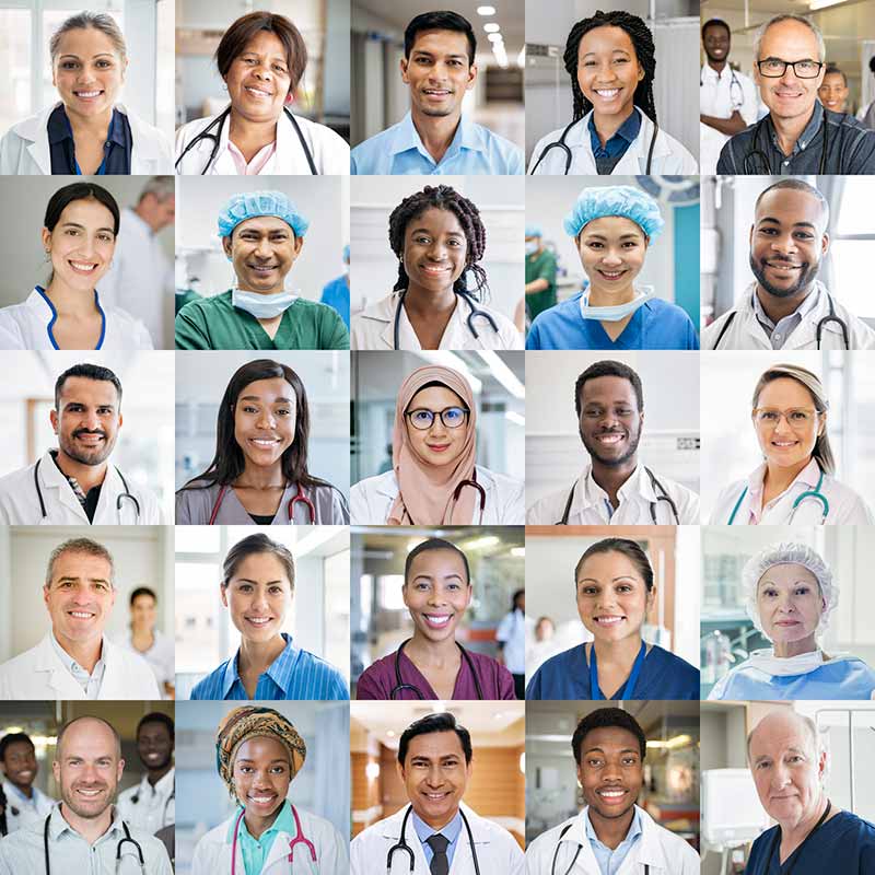 Tiled head-and-shoulder images of health care professionals of various ages and ethnicities.