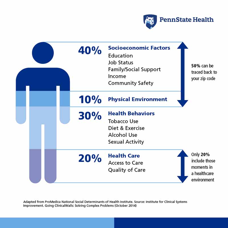 This figure illustrates the factors affecting an individual's health, with socioeconomic factors (40%), physical environment (10%), health behaviors (30%), access to healthcare (20%), and healthcare time (20%). It highlights the significant role of socioeconomic factors in health outcomes.