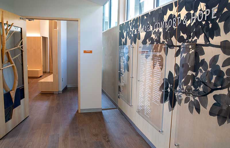 Interfaith Chapel lobby with donor wall and view to interior chapel