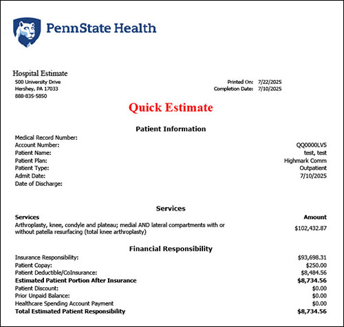 Penn State Health estimate for outpatient knee surgery with patient cost breakdown, including total charges, insurance coverage and estimated patient responsibility.