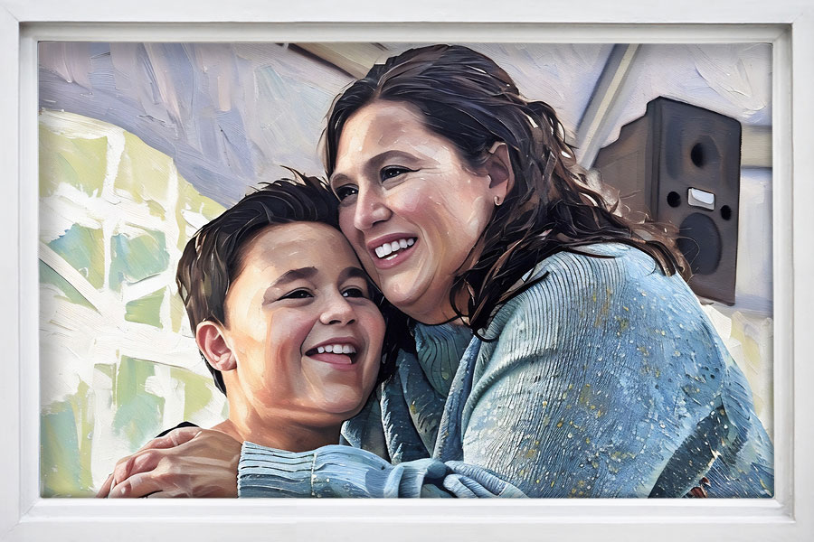 Oil painting image of a young mother hugging her son.