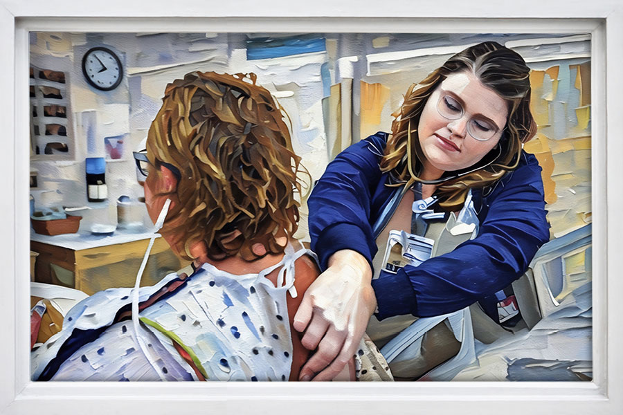 A painting of nurse Kelsey Barrett listening to her patient’s lungs.
