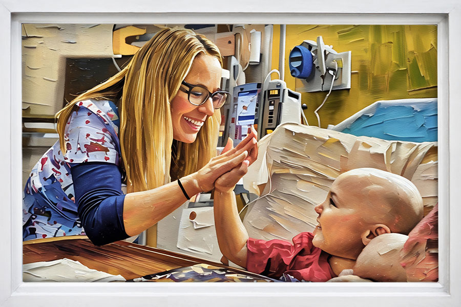 A woman and child are portrayed in a hospital room in this painting, highlighting themes of compassion and support.