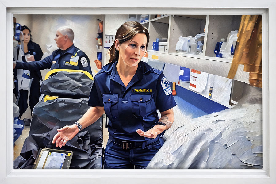 A painted image of Alex Blackwood working in the emergency room.