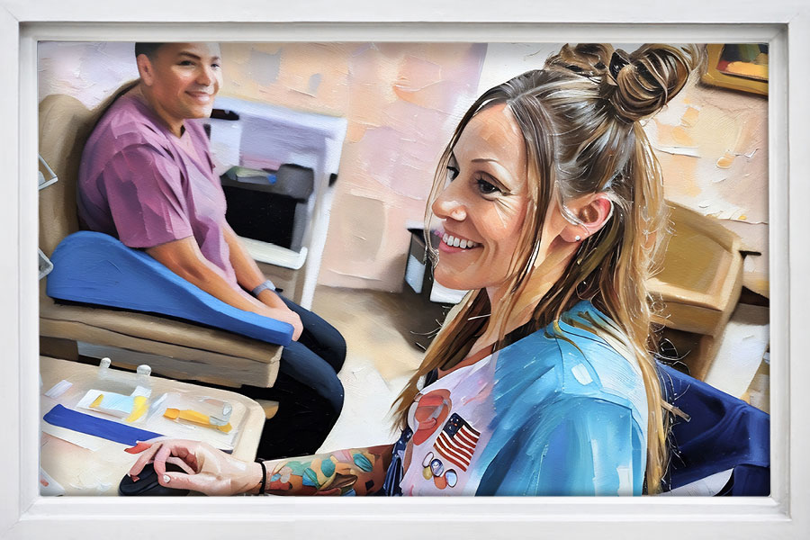 An oil painting image of a young lady sitting in front of a computer while engaging in conversation with another individual.