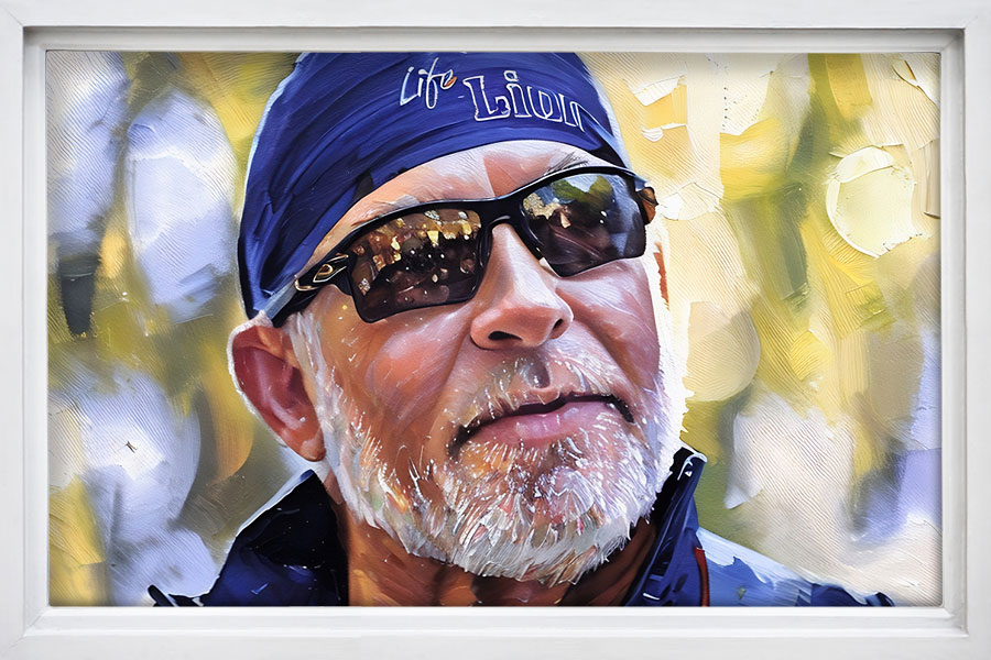 A painting of a man with a beard and moustache, wearing sunglasses and a head wrap.