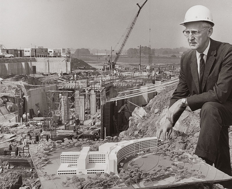 Founding dean and CEO Dr. George Harrell, pictured in 1966, oversees initial construction of the Milton S. Hershey Medical Center and College of Medicine.