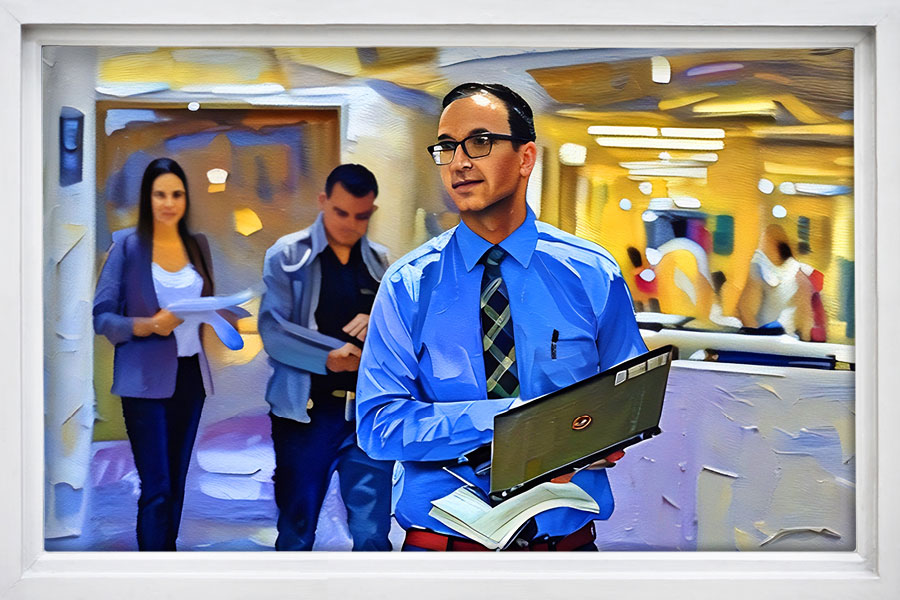 A painted image of Manny Isherwood holding a laptop computer.