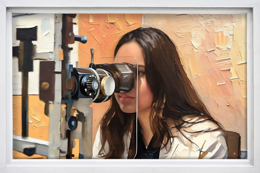 A painted image of Sai Kurapati looking into a microscope