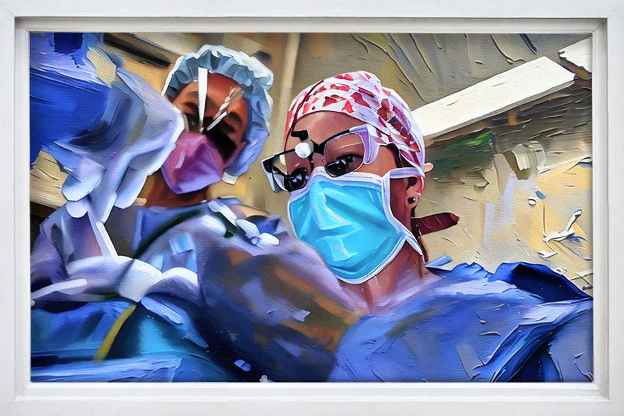 A painted image of Dr. Jessyka Lighthall performing surgery.