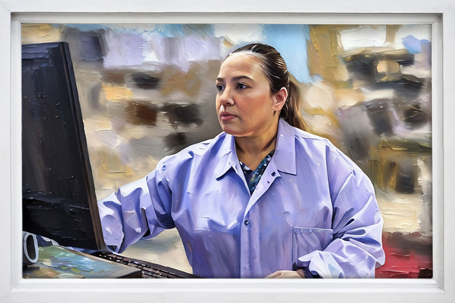 A painting of a woman with dark hair worn in a pony tail, set against a warm, muted background.