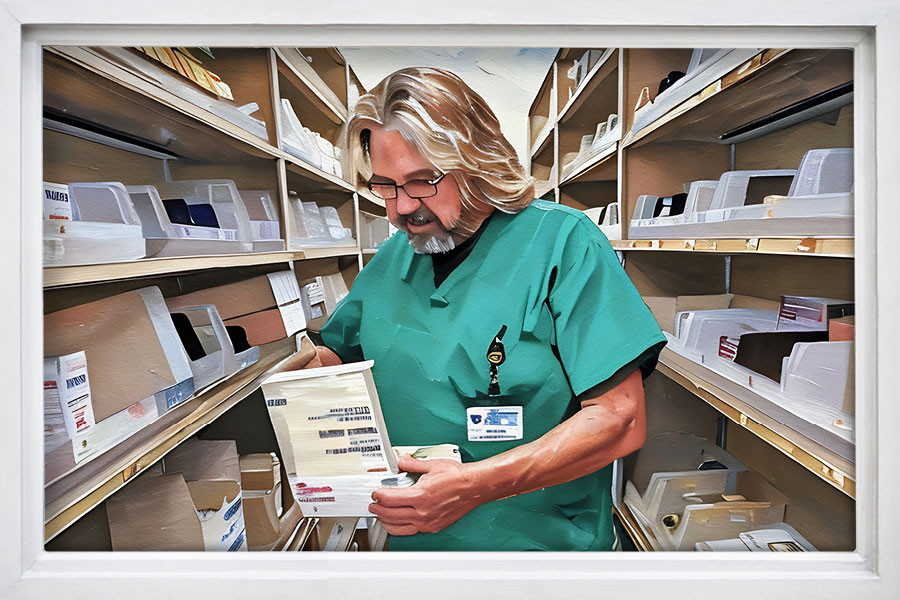 A painted image of Greg Mull looking into an open box.