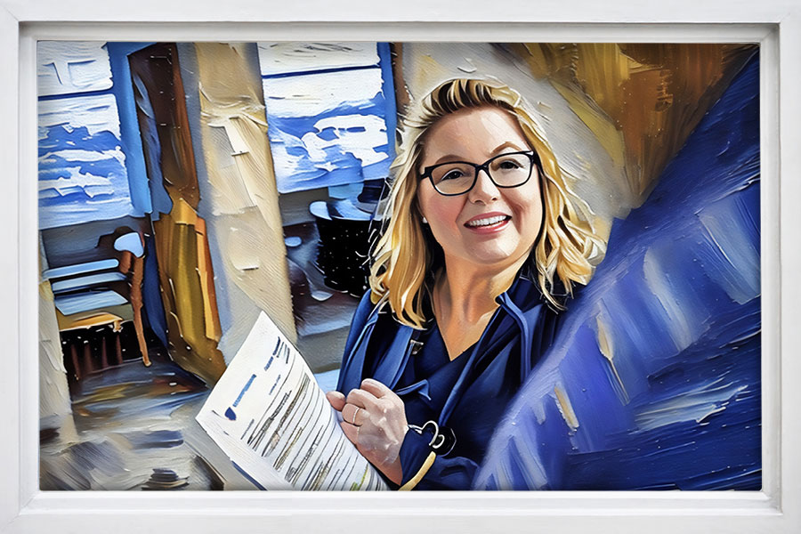 A painted image of Jennifer Ovechka helping a patient complete a form, set against a muted background.