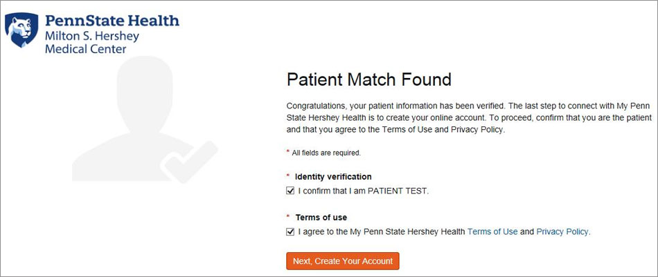 Patient Portal form with a patient match found