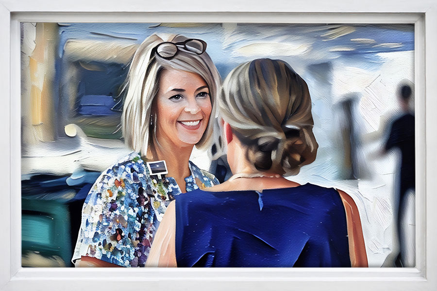 A painted image of Gretchen Ramsey talking to a woman, set against a muted background.