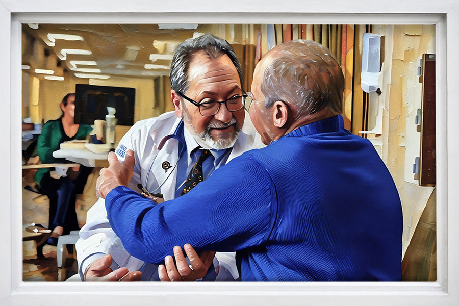 A painted image of Dr. Marc Rovito comforting a patient.