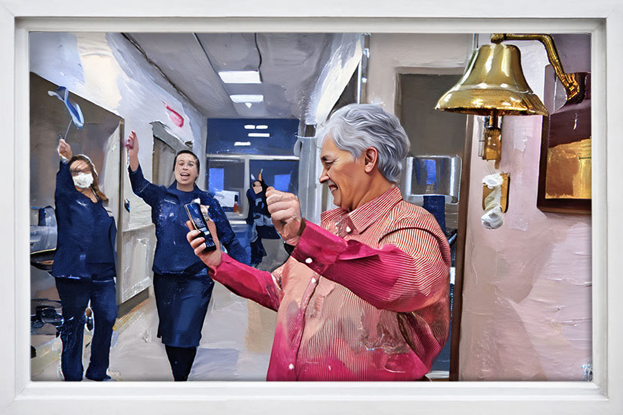 Oil painting image of a woman holding her phone and celebrating ringing a bell finishing cancer treatment.
