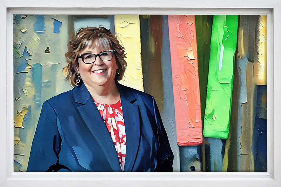 A painted image of a woman with light hair and wearing glasses, set against a muted background.