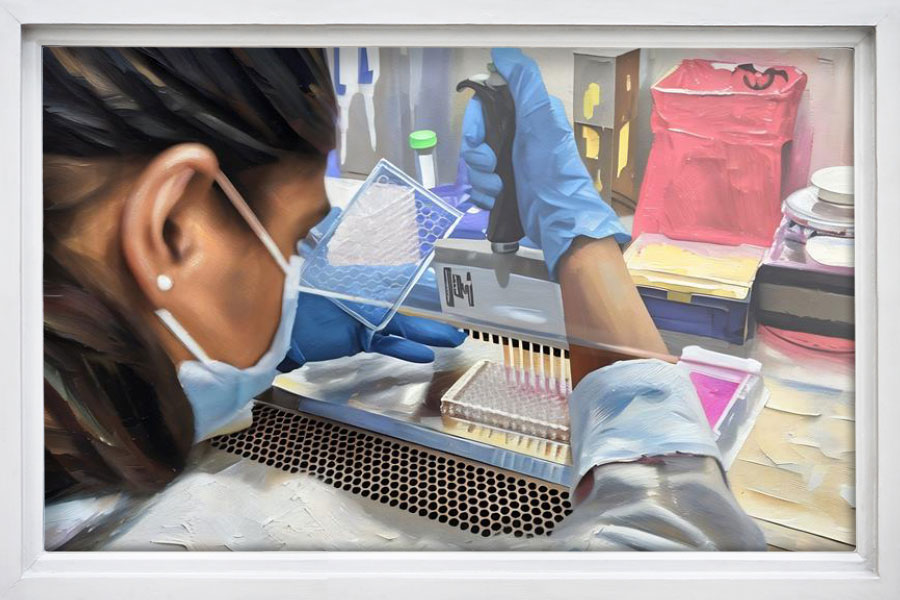 The painting features a woman dressed in a lab coat, highlighting her involvement in research and science.