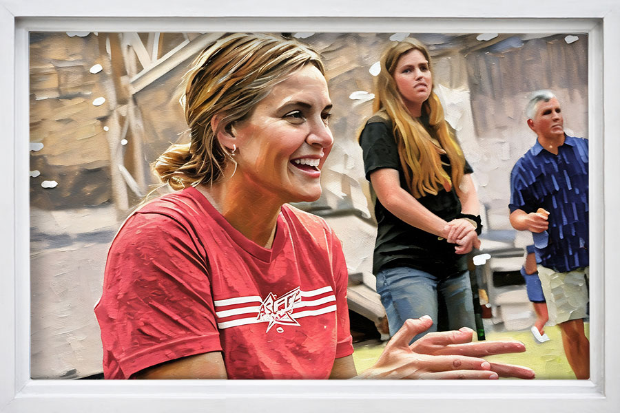 A painting of a woman with blonde hair wearing a red shirt and clapping, set against a soft, neutral background.