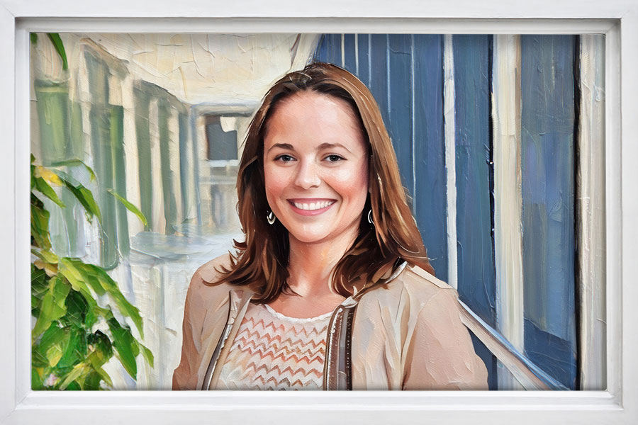 A painted image of a woman with long dark hair, set against a muted background." width="900" height="600"> <p>