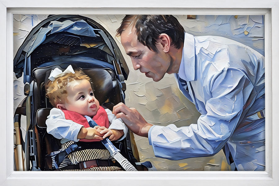 "An artwork featuring a doctor beside a stroller, where a baby is peacefully resting, highlighting a theme of healthcare and compassion.