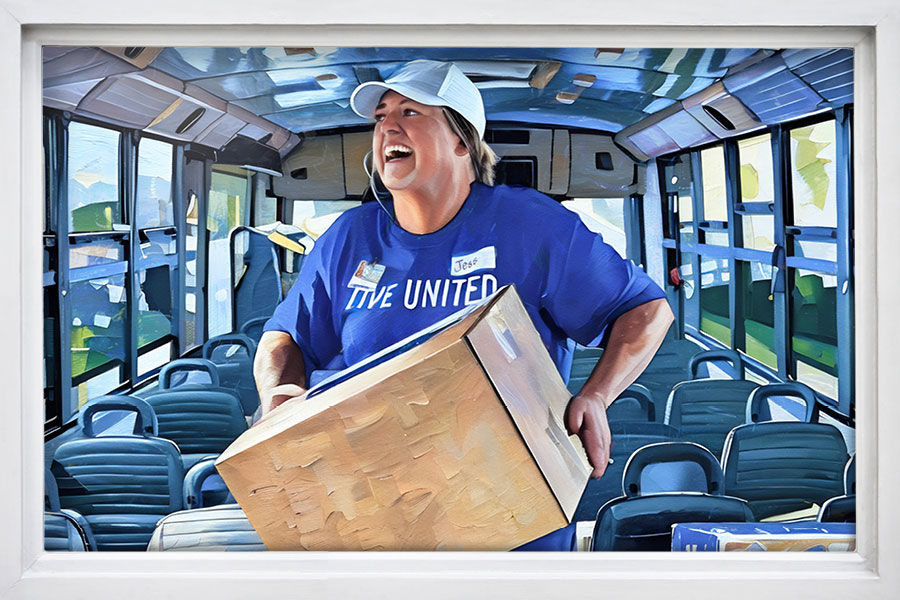 A painted image of Jessica Wadsworth carrying a box inside a bus.