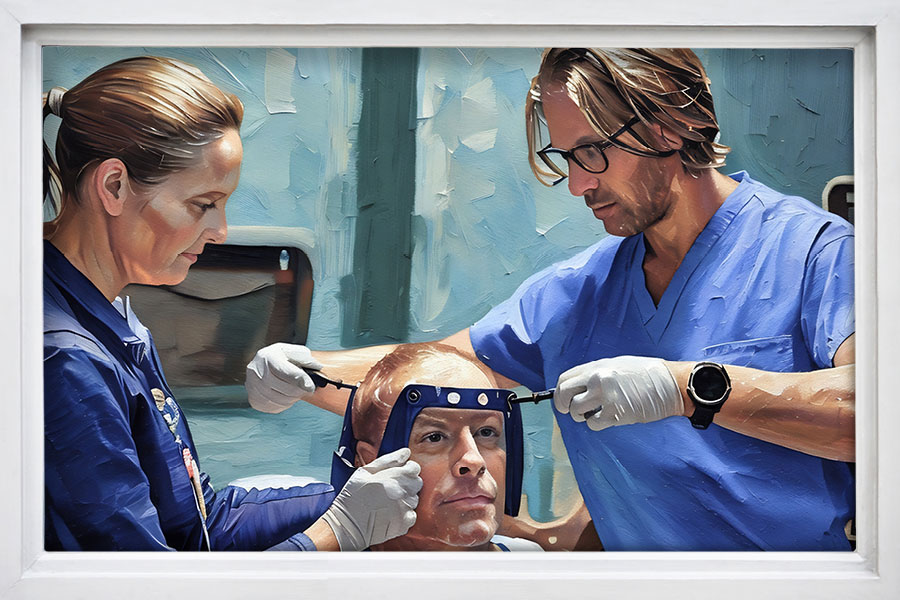 A painted image of Dr. Brad Zacharia performing surgery.