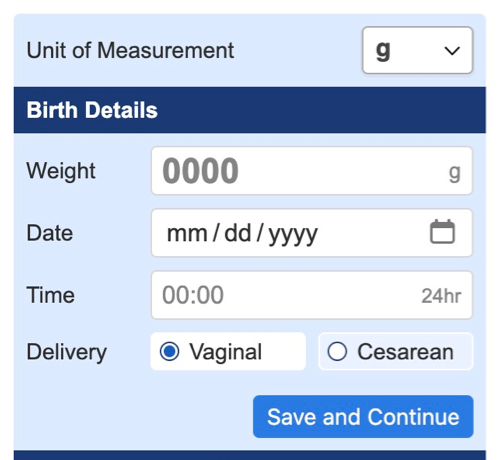 Screen capture of birth details entry, described in the text above this image.