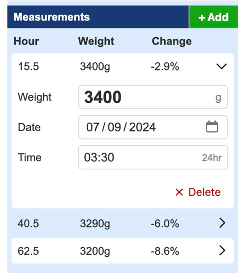 Screen capture of editing measurements entry, described in the text above this image.