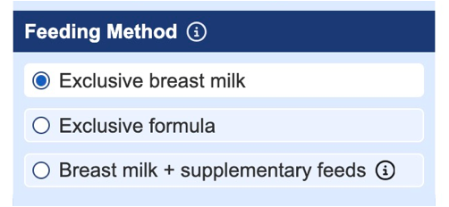 Screen capture of feeding method details entry, described in the text above this image.