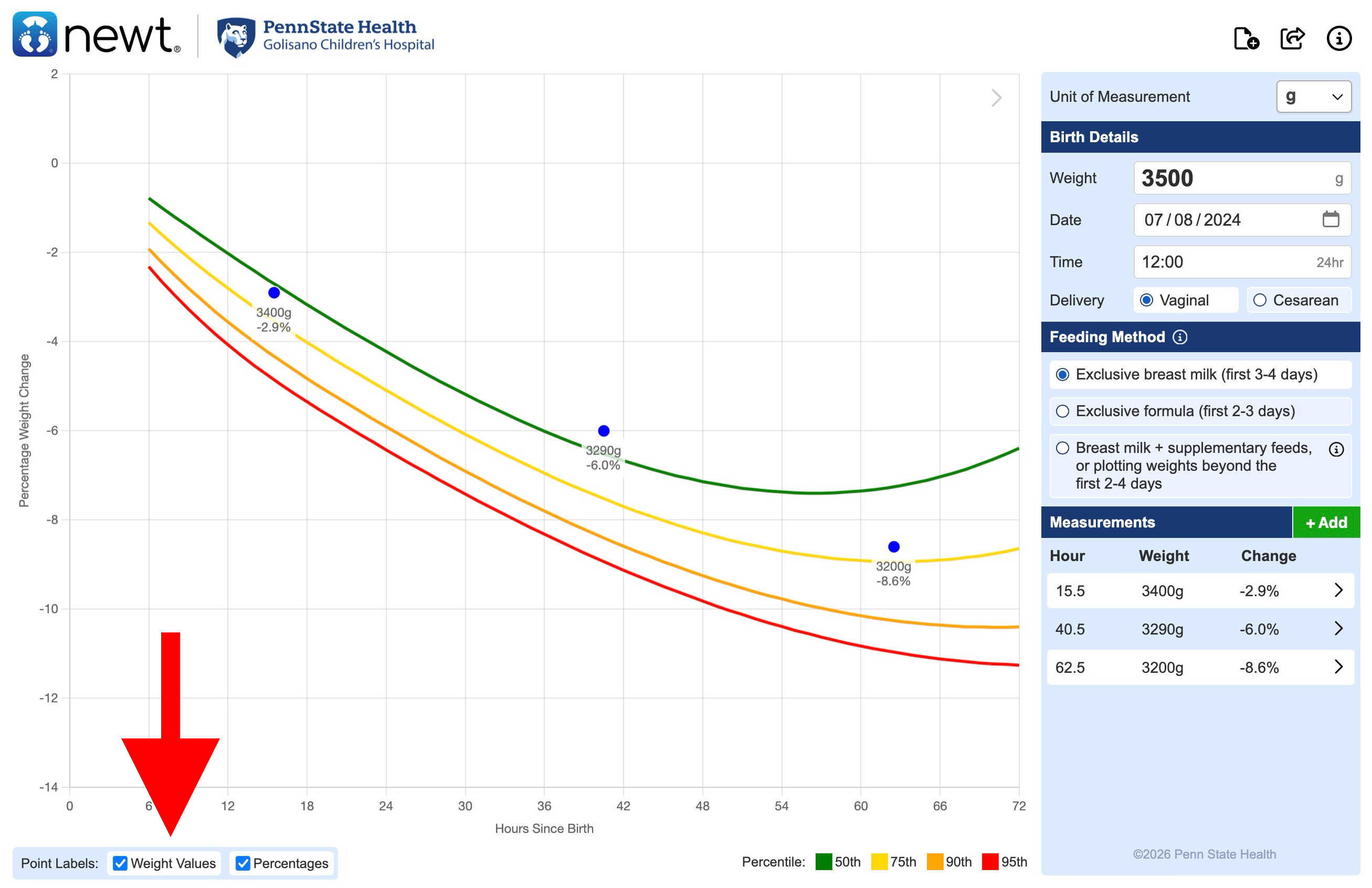 Below the chart are options to display labels next to the chart measurement dots. You may choose to display the weight values and/or percentage weight loss values on the chart. These can be enabled or disabled at any time by sliding the toggle switch.