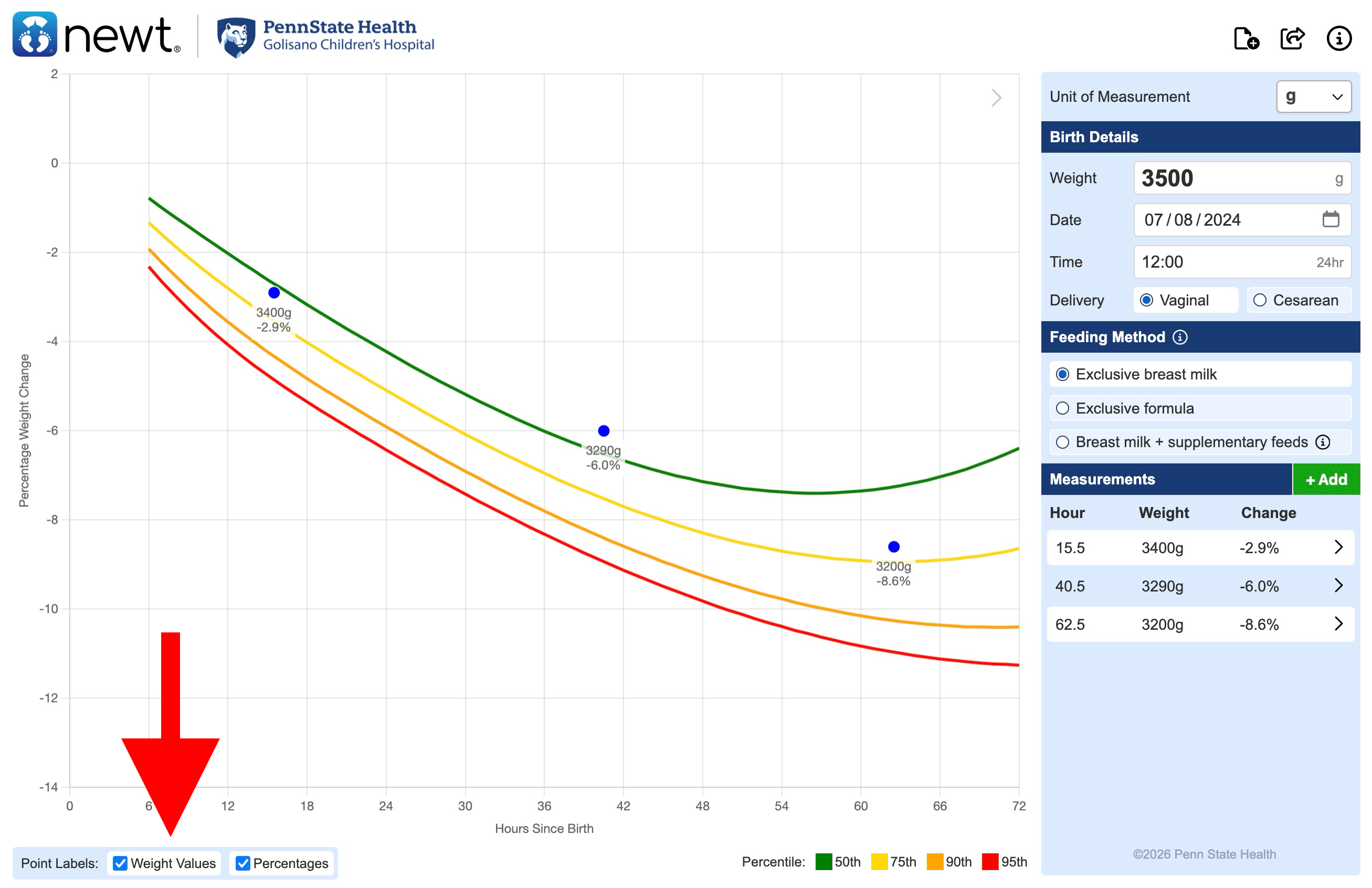 Screen capture of how to turn on and off the point markers on the chart, in the bottom left corner.