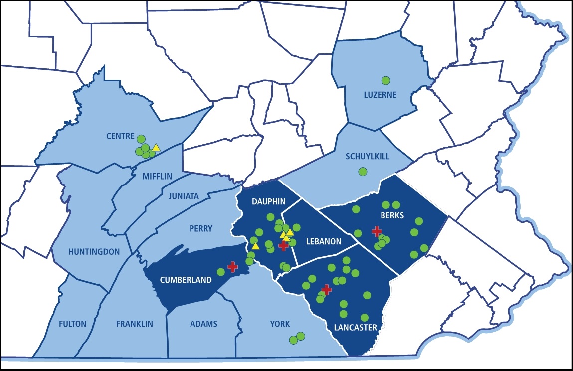 A map of Penn State Health Medical Group's coverage throughout Pennsylvania.