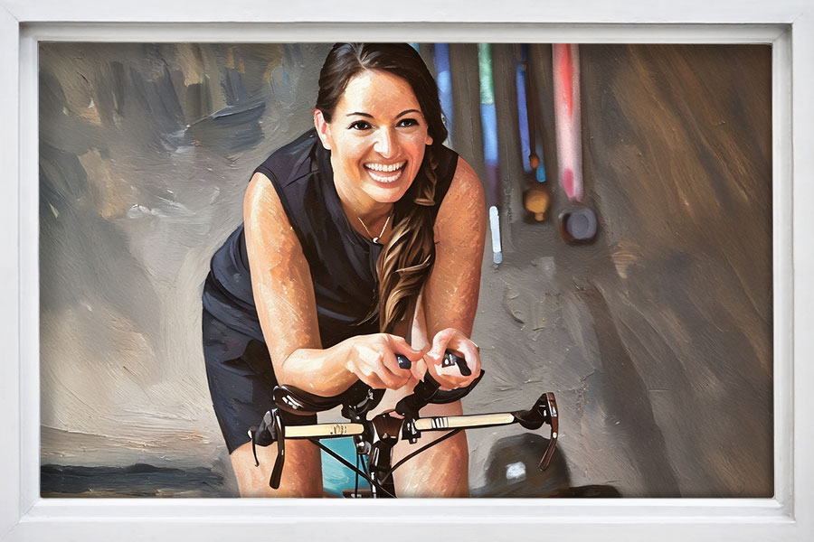 An oil painted image of a young women riding a stationary bike.