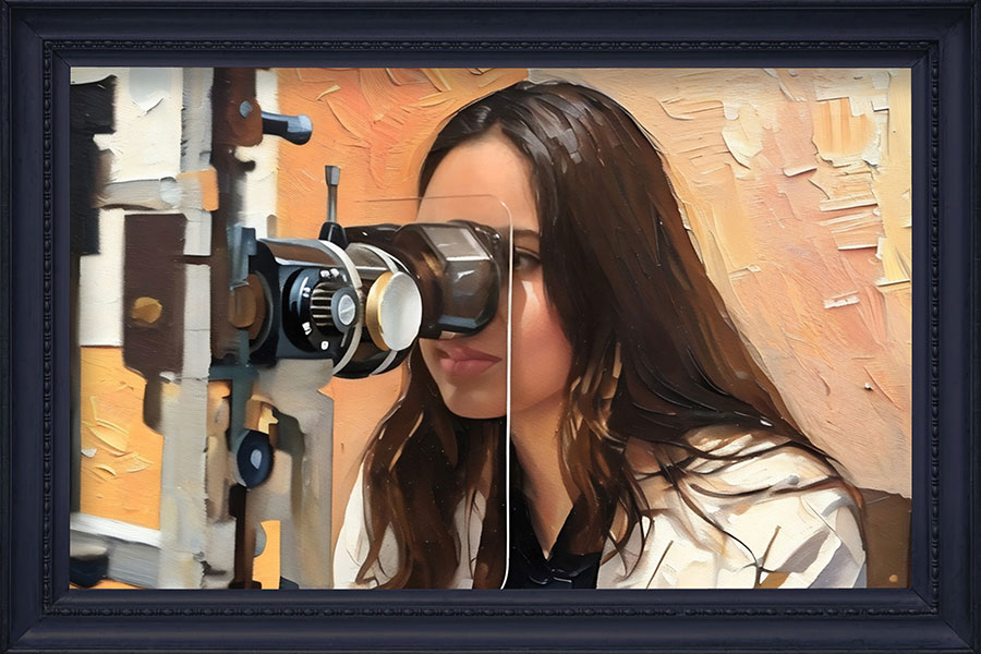 A painted image of Sai Kurapati looking into a microscope.