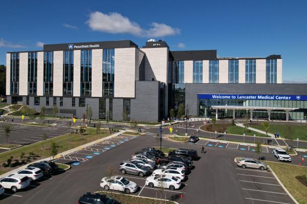The exterior of Penn State Health Lancaster Medical Center on a sunny, fall day.