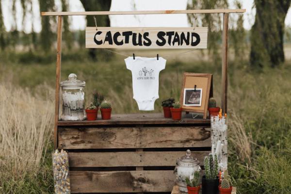 Outdoors, a rustic table is topped with a jar of medical needles, several small, potted cacti, a photo of a sonogram, and a baby onesie that shows drawings of cacti and the words worth every prick.