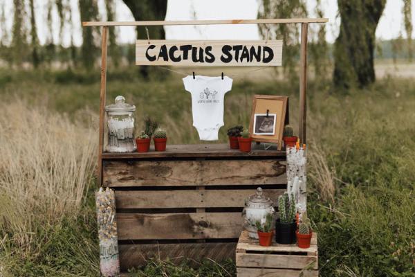 Outdoors, a rustic table is topped with a jar of medical needles, several small, potted cacti, a photo of a sonogram, and a baby onesie that shows drawings of cacti and the words worth every prick.