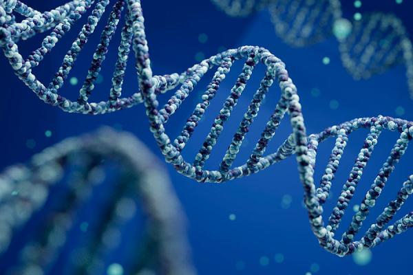 Digital rendering close-up of DNA helix with shallow depth of field and a blue background.