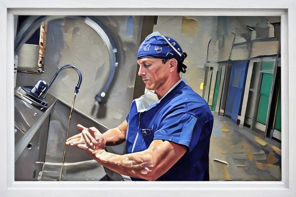 A painted image of Dr. Gary Aghazarian washing his hands prior to surgery.