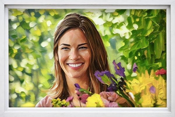 A painted image of Amanda Rinehart holding a bouquet of flowers.