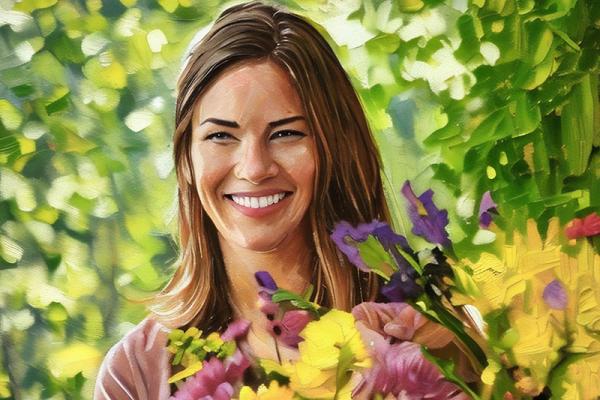 A painted image of Amanda Rinehart holding a bouquet of flowers.