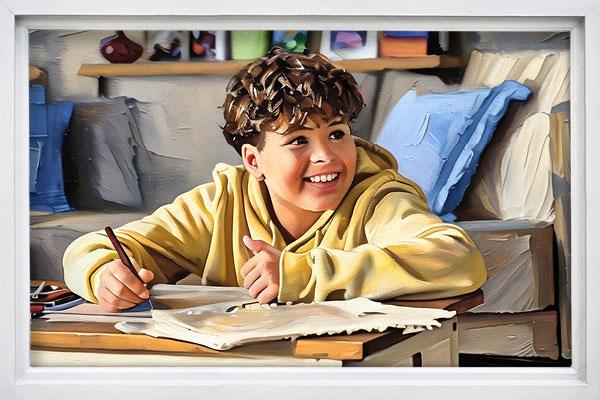 Young male with a big smile on his face sitting at a table drawing.