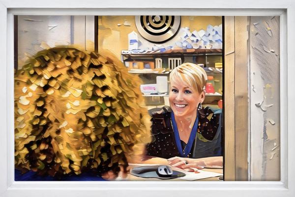 A painting of a woman with short blonde hair sitting at her desk and smiling at a patient.