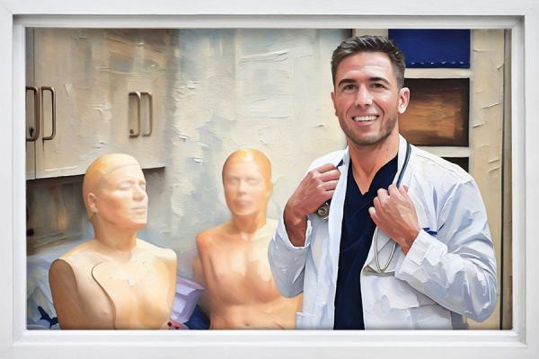 A painting of a man standing in front of two mannequins in a lab coat with a stethoscope around his neck.