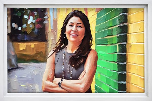 A painting of a woman with long dark hair and her arms crossed, set against a bright background.