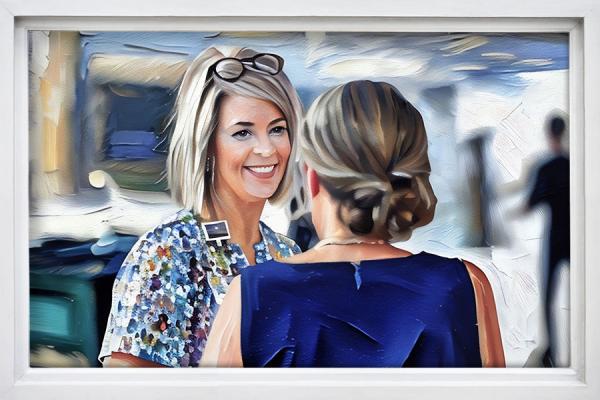 A painted image of Gretchen Ramsey talking to a woman, set against a muted background.